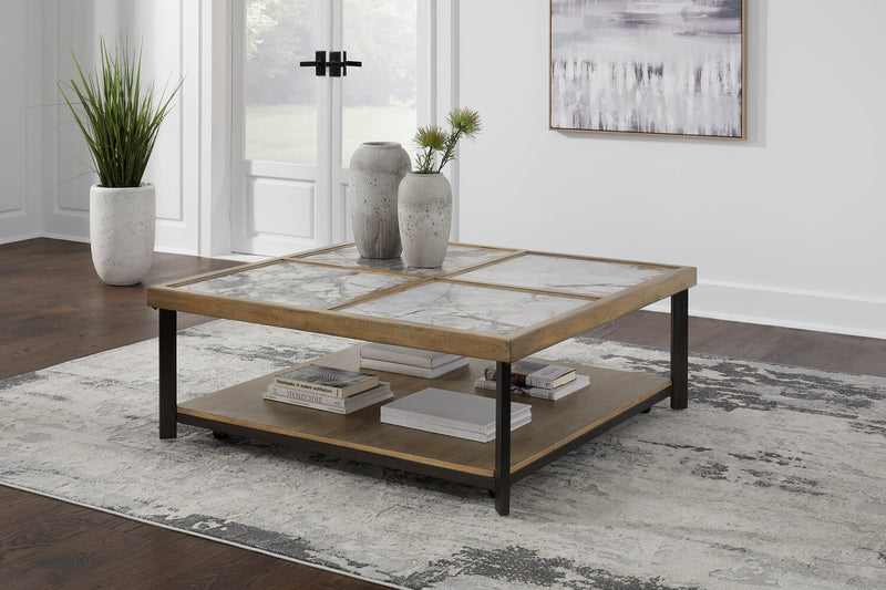 Marina 48” Contemporary Coffee Table with Stone Tiles, Shelf and Casters - Natural
