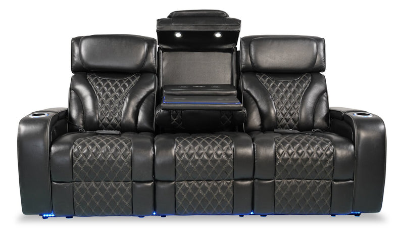 Elite 86\" Genuine Leather Massage Power Reclining Sofa with Power Headrests and Storage Arms - Black