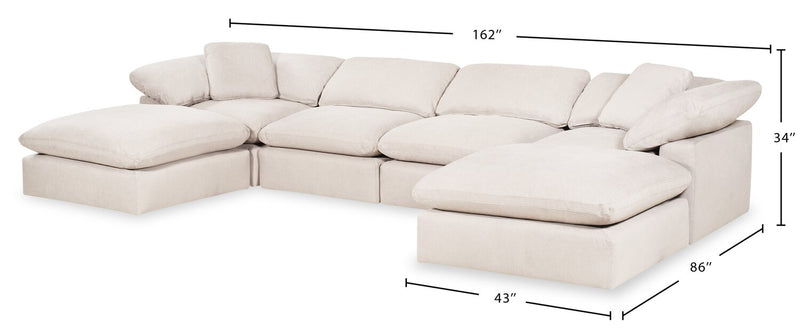 Eclipse Modular 6-Piece Linen-Look Fabric Sectional with Ottomans and Reversible Feather Down Cushions - Linen White