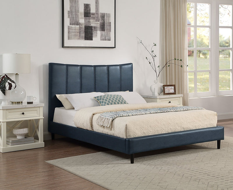 Paseo Platform Bed in Navy Vegan-Leather Fabric - Queen Size