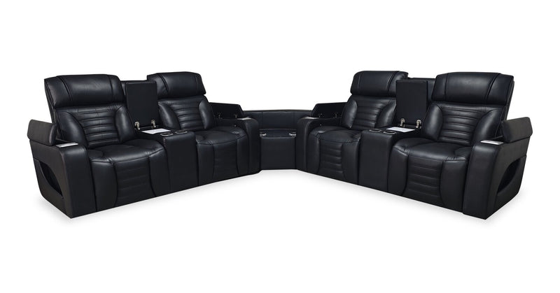 Zen 3-Piece Leather-Look Fabric Power Reclining Sectional with Massage and Two Refrigerator Consoles - Black