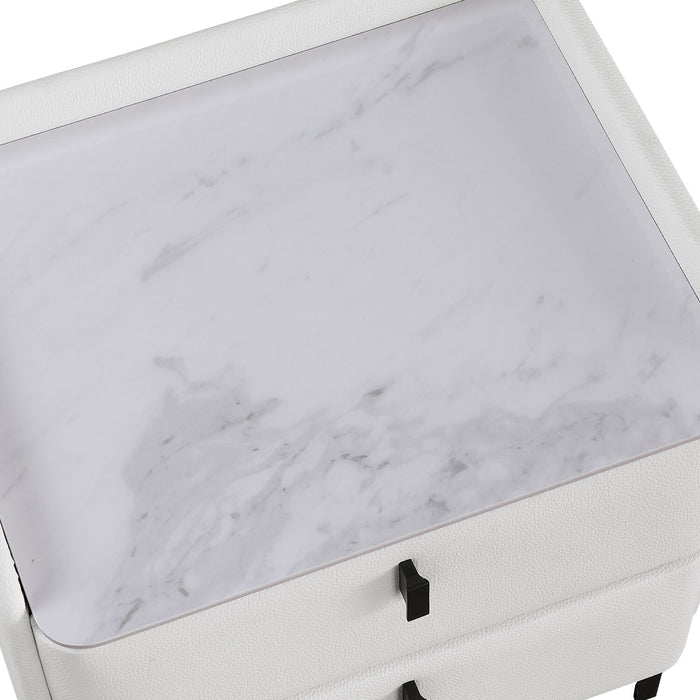 Nova Upholstered Bedside 2-Drawer Nightstand with Sintered Stone Top, 20.25\"W x 22.5\"H - White
