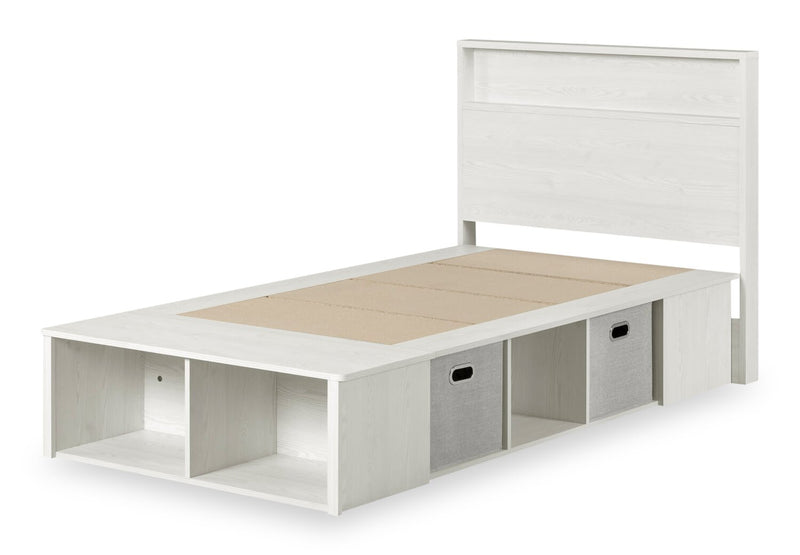 Everley Platform Bed Set with Panel Headboard, Built-in Storage & Baskets, White - Twin Size