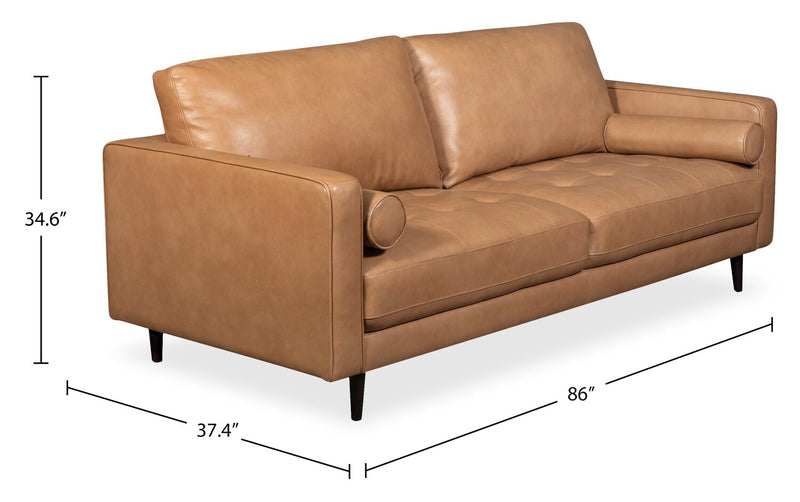 Edge 86\" Genuine Leather Sofa with Wood Legs and Removable Back Cushions - Brown