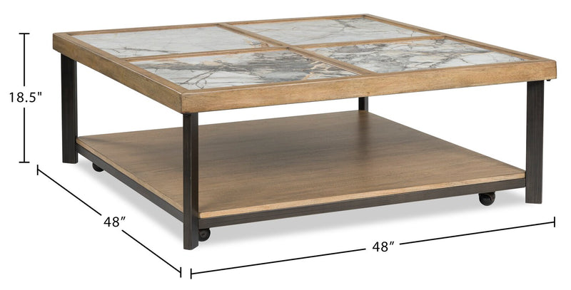 Marina 48” Contemporary Coffee Table with Stone Tiles, Shelf and Casters - Natural
