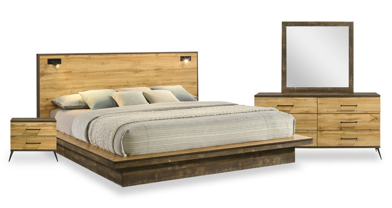 Silas 6pc Bedroom Set with Platform Bed, Dresser, Mirror & Nightstand, LED, Rustic Brown - King Size