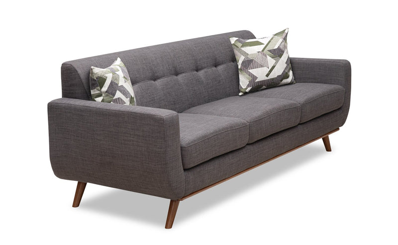 Kort & Co. Freeman 88\" Linen-Look Fabric Sofa with Wood Base and Tufted Back Cushions - Charcoal Grey