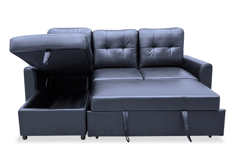 Carter 2-Piece Left-Facing Leather-Look Fabric Sleeper Sectional with Storage Chaise - Black