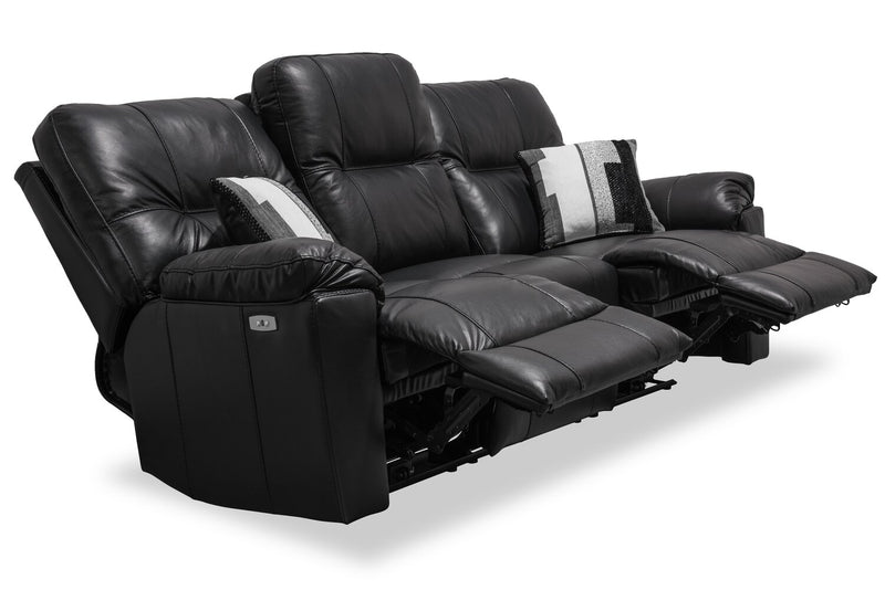 Made in Canada Dawson 87\" Genuine Leather Power Reclining Sofa with USB Port and Accent Pillows - Black