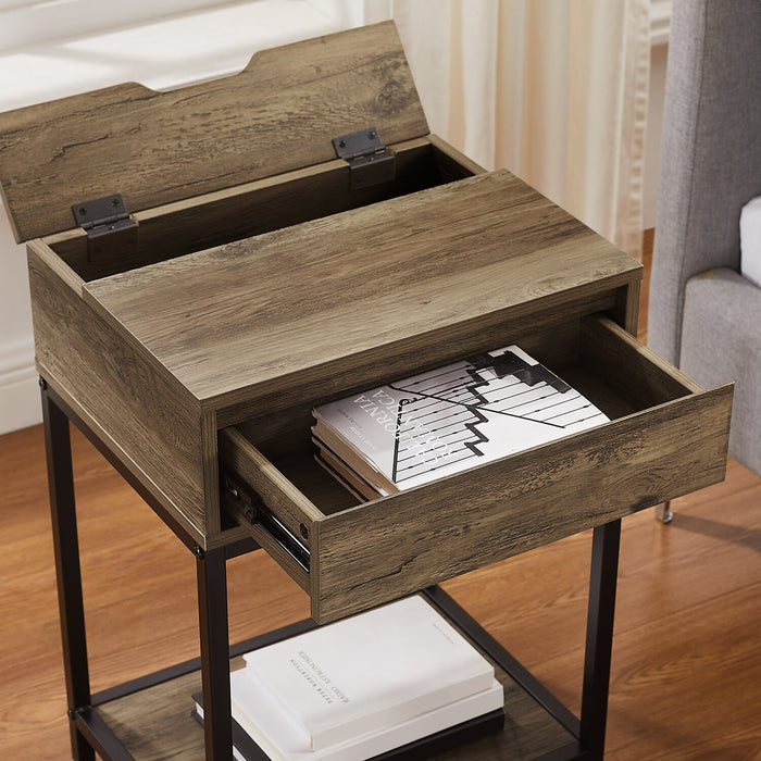 Akio Bedside 1-Drawer Nightstand with Lift-top Storage, 18\"W x 25.75\"H - Brown/Black