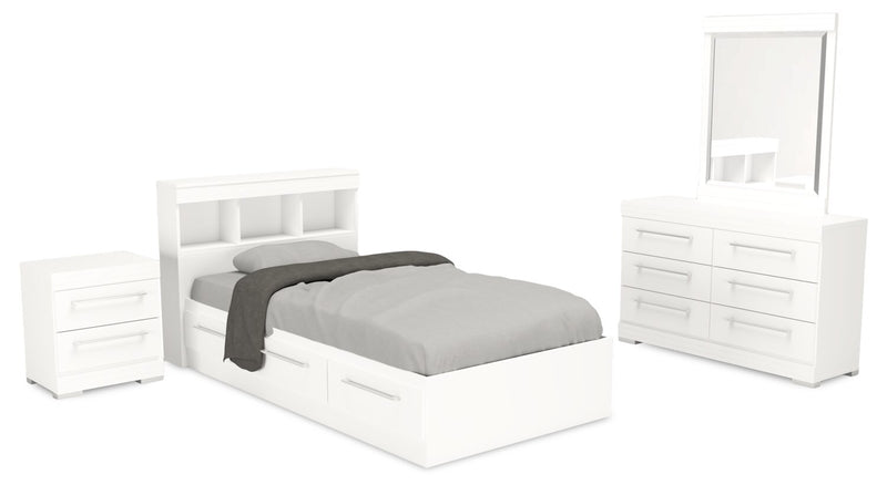 Riley Mates Bed 6pc Set with Bookcase Headboard, Dresser, Mirror & Nightstand, White - Twin Size