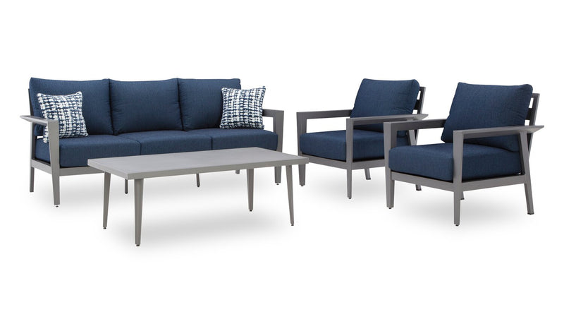 Barrie 4-Piece Outdoor Patio Set with Sofa, 2 Chairs and Table - Aluminum, UV & Weather Resistant  - Blue & Grey
