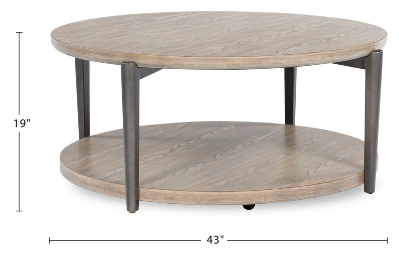 Lloyd 43” Modern Round Coffee Table with Shelf & Casters - Grey Brown