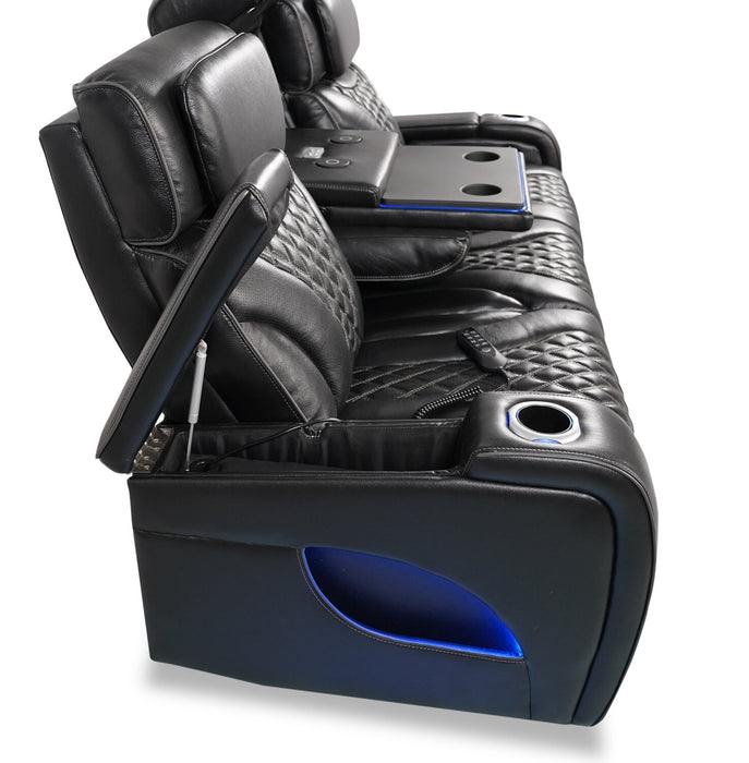 Elite 86\" Genuine Leather Massage Power Reclining Sofa with Power Headrests and Storage Arms - Black