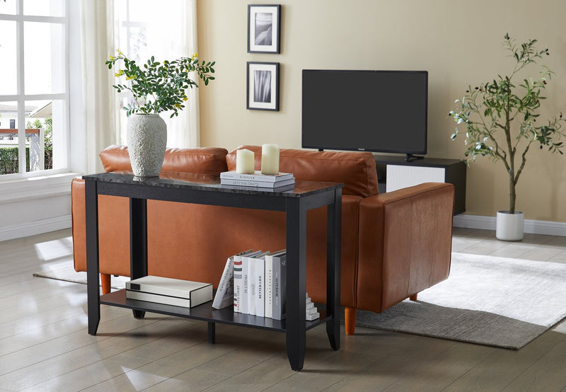 Roma  44\" Rustic Sofa Table with Shelf - Black Marble Look