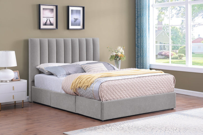 Amos Upholstered Storage Bed Base in Grey Fabric with 3 Built-in Drawers  - Queen Size