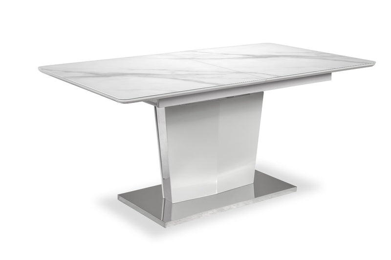 Naya Dining Table, 63-78.75\"W Self-Storing Butterfly Leaf, Metal, Glass, Faux Marble – White