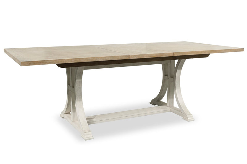 Quill Dining Table with Trestle Base, 72-90\"W - Antique White & Brown