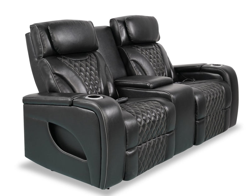 Elite 74\" Genuine Leather Massage Power Reclining Loveseat with Power Headrests and Storage Arms - Black
