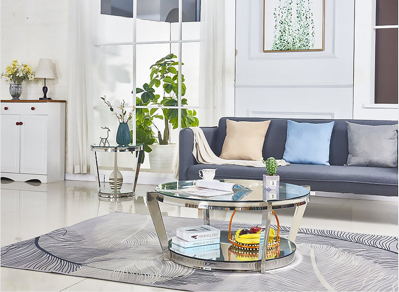 Yonge 36\" Modern Round Glass Top Coffee Table with Shelf - Chrome Finish with Stainless Steel