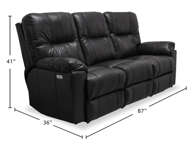 Made in Canada Dawson 87\" Genuine Leather Power Reclining Sofa with USB Port and Accent Pillows - Black