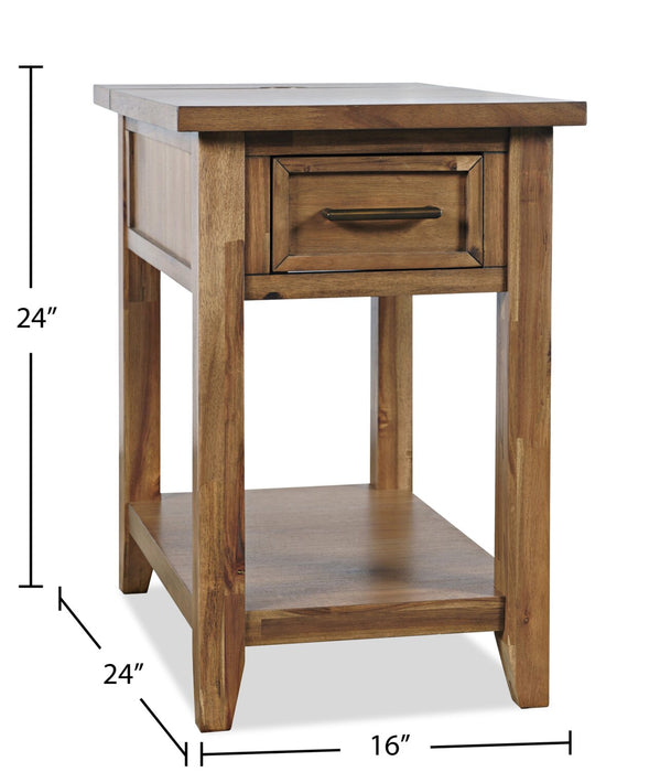 Nathan 16\" Rustic Chairside Table with Storage, Shelf and USB Port - Light Brown