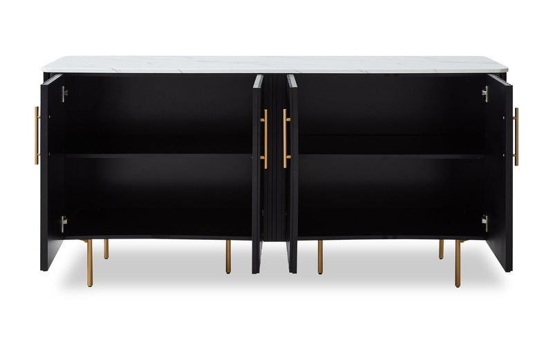 Kort & Co. Capri Dining Server with Storage, Marble-Look Top & Gold Accent, 66\"W - Black/White