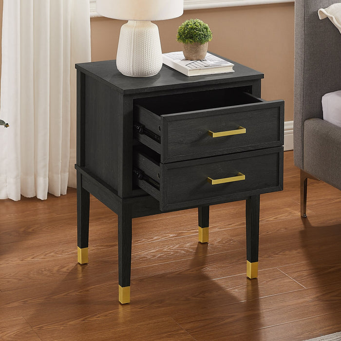 Alia Bedside 2-Drawer Nightstand with Gold Accent, 18\"W x 25.75\"H - Black