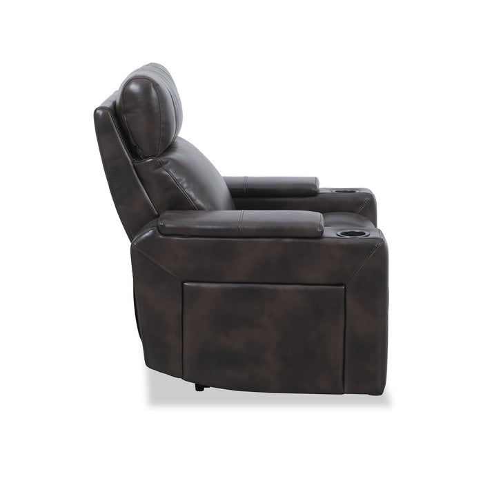 Scott Living Escape 39\" Power Reclining Chair with Power Headrest and Surround Sound - Dark Brown Leather-Look Fabric