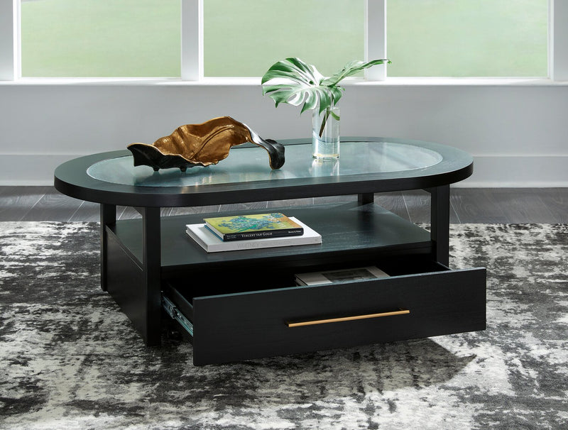 Julian 52” Contemporary Glass Coffee Table with Storage and Casters - Black