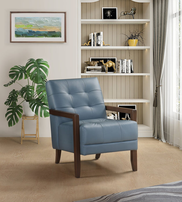 Enzo 26\" Genuine Leather Accent Chair with Biscuit Tufting, Track Arms and Wood Legs - Blue