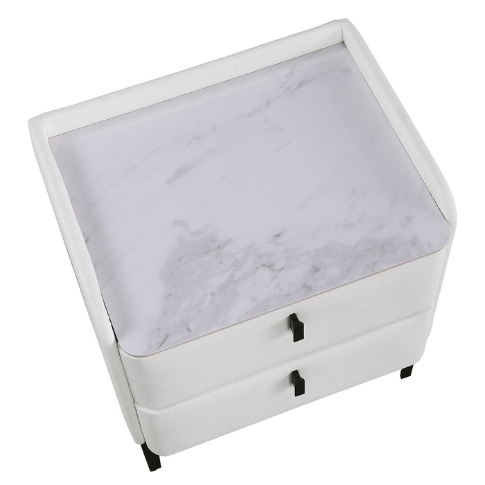 Nova Upholstered Bedside 2-Drawer Nightstand with Sintered Stone Top, 20.25\"W x 22.5\"H - White