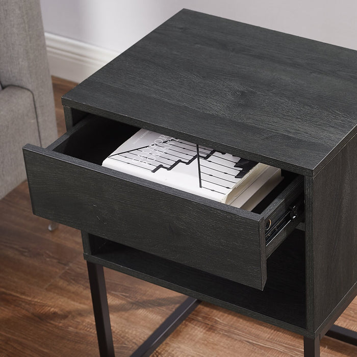 Fynn Bedside 1-Drawer Nightstand with Storage Shelf, 18\"W x 25.75\"H - Brown/Black