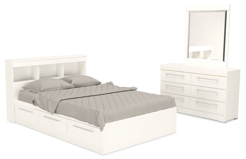 Riley Mates Bed 5pc Set with Bookcase Headboard, Dresser & Mirror, White - Full Size