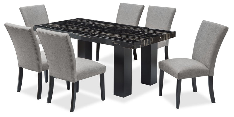 Burk 7pc Dining Set with Table & 6 Chairs, Resin Marble-Look Top, 72\"W - Black/Grey
