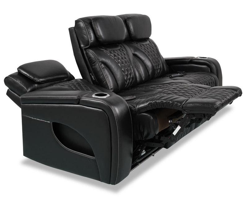 Elite 86\" Genuine Leather Massage Power Reclining Sofa with Power Headrests and Storage Arms - Black