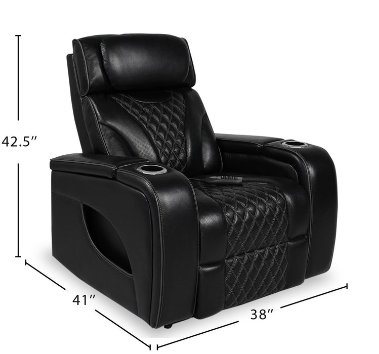 Elite 38\" Genuine Leather Massage Power Reclining Chair with Power Headrest and Storage Armrests - Black