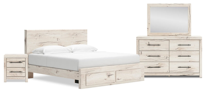Derekson 6pc Bedroom Set with Storage Bed, Dresser, Mirror & Nightstand, Rustic White - King Size