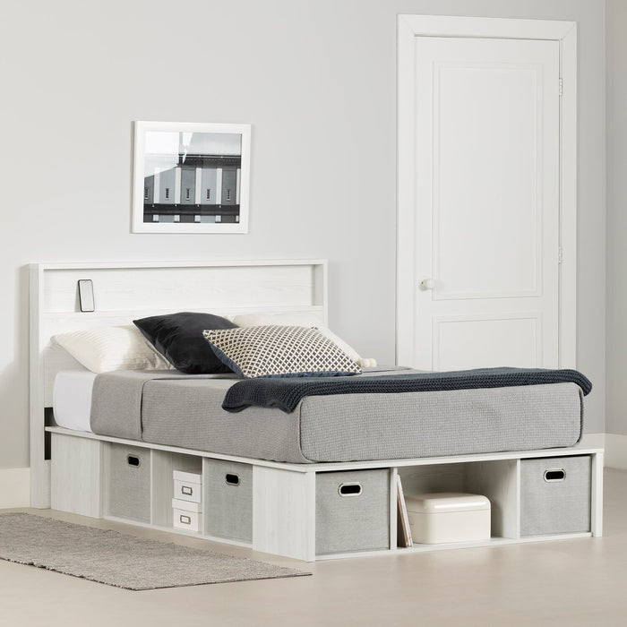 Everley Platform Bed Set with Panel Headboard, Built-in Storage & Baskets, White - Full Size