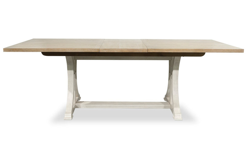 Quill Dining Table with Trestle Base, 72-90\"W - Antique White & Brown