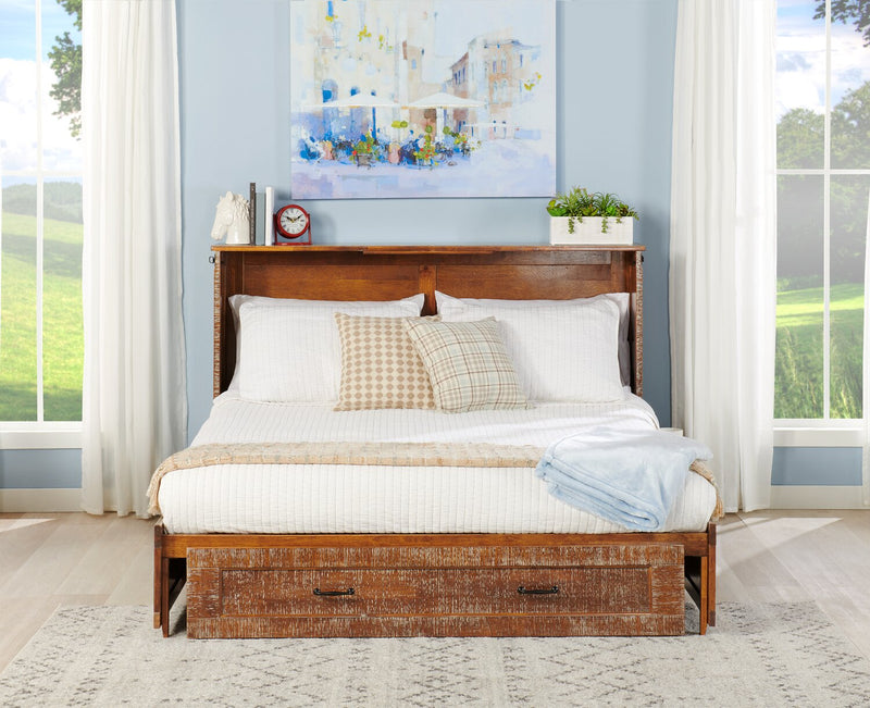 Parker Cabinet Bed with Memory Foam Mattress,  Weathered Brown - Queen Size