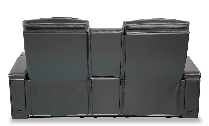 Elite 74\" Genuine Leather Massage Power Reclining Loveseat with Power Headrests and Storage Arms - Black