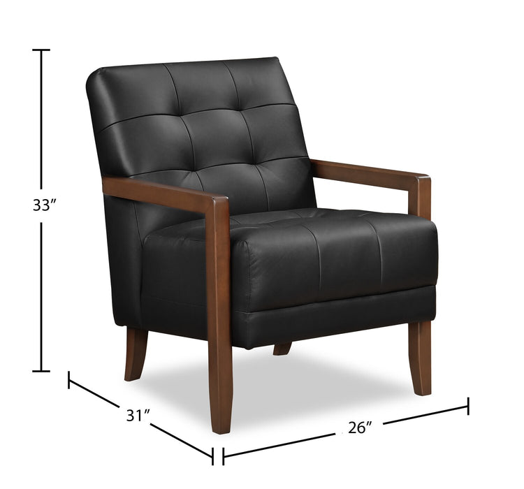 Enzo 26\" Genuine Leather Accent Chair with Biscuit Tufting, Track Arms and Wood Legs - Black