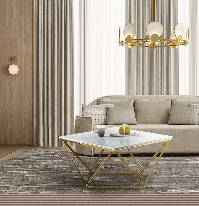 Amanda 31.5\" Modern Square Coffee Table - White Marble Top with Gold Metal Base