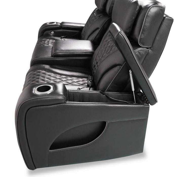 Elite 74\" Genuine Leather Massage Power Reclining Loveseat with Power Headrests and Storage Arms - Black