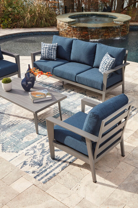 Barrie 4-Piece Outdoor Patio Set with Sofa, 2 Chairs and Table - Aluminum, UV & Weather Resistant  - Blue & Grey