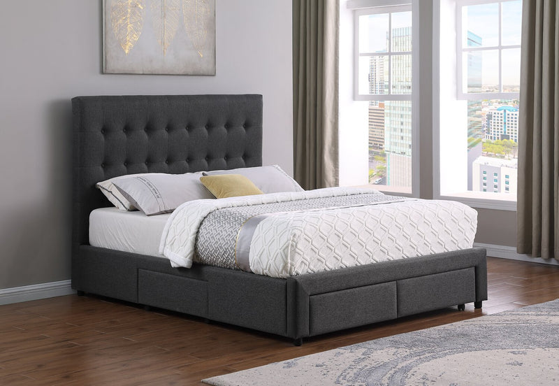 Beck Upholstered Storage Bed in Dark Grey Fabric, Button Tufted - Queen Size