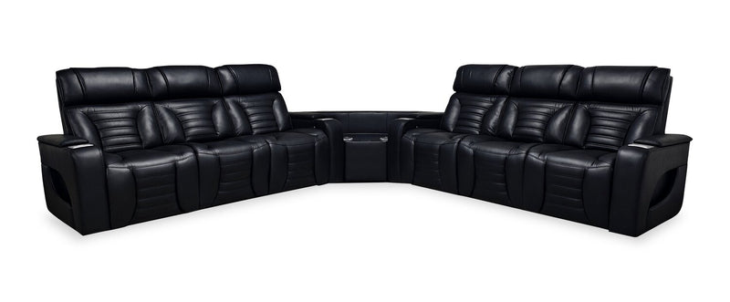 Zen 3-Piece Leather-Look Fabric Power Reclining Sectional with Massage and Two Drop-Down Consoles - Black
