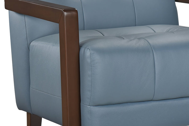 Enzo 26\" Genuine Leather Accent Chair with Biscuit Tufting, Track Arms and Wood Legs - Blue