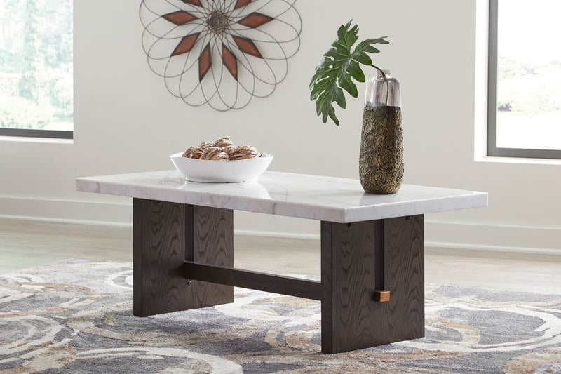Warwick 52” Solid Wood and Marble Coffee Table – White and Brown Oak